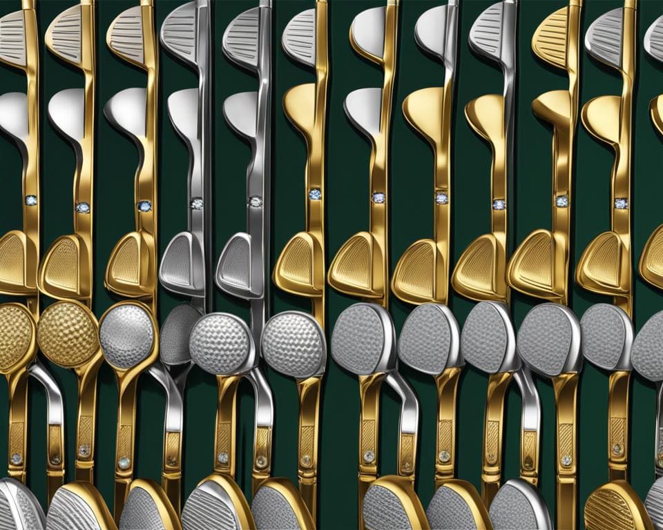Een set op maat gemaakte golfclubs met edelmetalen en edelstenen